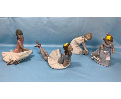 2 Lladro girl ballerinas; a Lladro girl with shoes, a Nao girl with puppy 