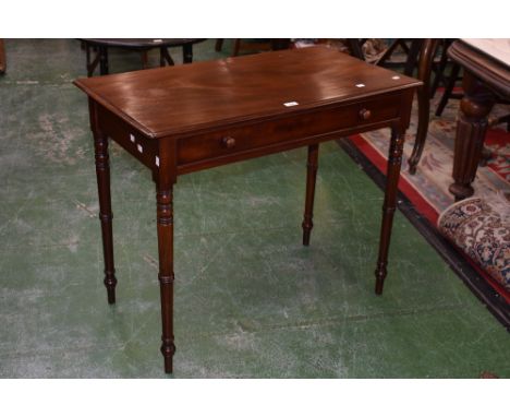 A Victorian mahogany hall table, moulded top, cockbeaded long drawer to frieze, button handles, turned supports, circa 1860. 