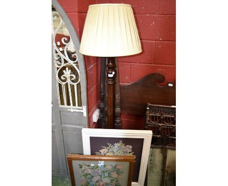 A reproduction mahogany standard lamp; an oak firescreen and a white painted firescreen 