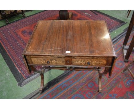 A 19th century rosewood and marquetry sofa table, rectangular top with fall leaves, above a pair of frieze drawers, inlaid wi