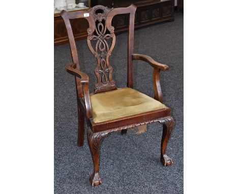 A mahogany Chippendale revival carver chair, shaped top rail, pierced and carved vasular splat, drop in seat, gadrooned apron