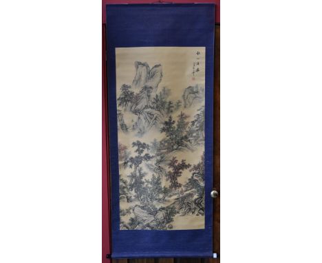 A large Chinese scroll, landscape, boxed 