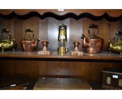 An Eccles miner's lamp, Protector Lamp and Lighting Company Ltd; a copper kettle; brass kettles; etc.