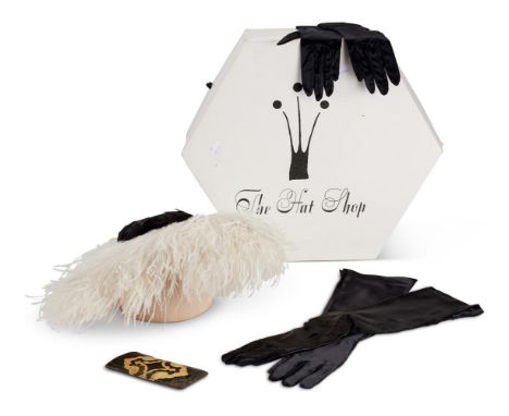 EDITH SITWEL A WHITE OSTRICH FEATHER WIDE HAT With a black feather crown; together with a glasses case, a pair of long silk g