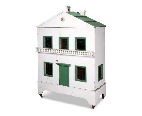 A WHITE AND GREEN PAINTED DOLL'S HOUSEMID 19TH CENTURYOf architectural form, the pedimented roof with suspended bell and twin