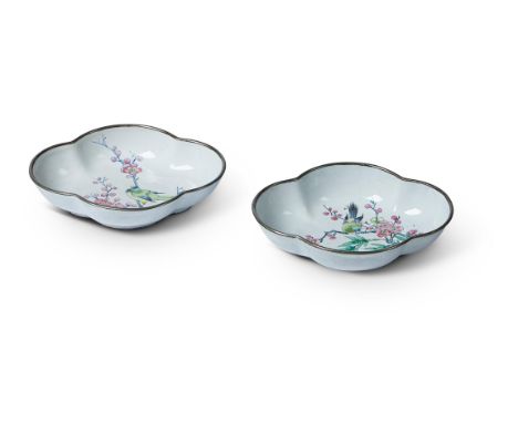 A PAIR OF CHINESE LOBED ENAMEL DISHES19TH/20TH CENTURYBrightly painted with birds in flowering branches14cm wideCondition Rep