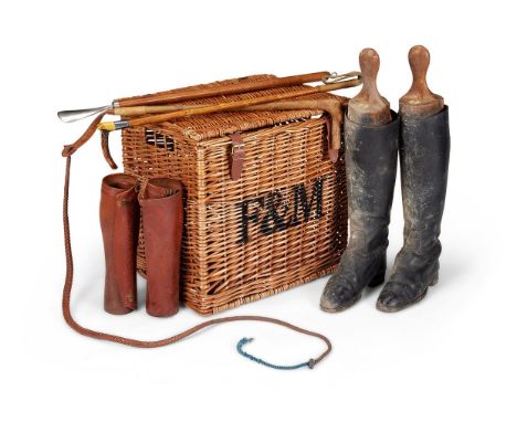 A PAIR OF BLACK LEATHER RIDING BOOTSWith trees bearing label for Tom Hill, KnightsbridgeTogether with a pair of pigskin gaite