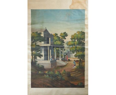 CHINESE SCHOOL  19TH CENTURY A Scroll painting showing figures before a Western Trader's House, a gate with Dogs of Fo beyond