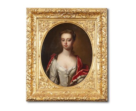 FOLLOWER OF GODFREY KNELLERPORTRAIT OF A LADY IN A SILK DRESS AND RED SHAWLOil on canvas, oval33 x 28cm (12 x 11 in.)Catalogu