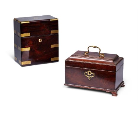 Y A ROSEWOOD AND BRASS BOUND DECANTER CASE MID 19TH CENTURY The top with monogrammed plate HHH and containing two square deca