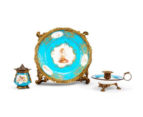 A TURQUOISE-GROUND GILT-METAL-MOUNTED SEVRÈS-STYLE PLATE With central bust profile of Louis-Philip 35cm wide overallTogether 