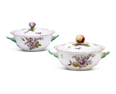 TWO SIMILAR CHELSEA PORCELAIN TWO-HANDLED ECUELLES AND COVERSCIRCA 1756With shaped brown-line rims, fruit and flower finials 