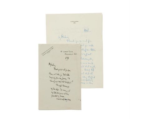 OSBERT SITWELL.  (1892 - 1969).  Two Autograph letters to Edith Sitwell, 2 Carlyle Square, and St. James' Club, (c. 1950s).  