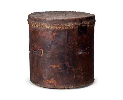 A LONG BOTTOMED WIG BOX 18TH CENTURY The pine case covered in leather and with gilt brass studs, side strap loops and carryin