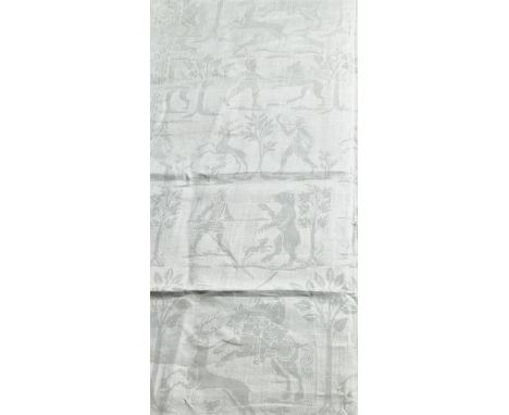 A FINE WOVEN LINEN DAMASK HUNTING TABLECLOTH PROBABLY 17TH CENTURY Woven with lines of huntsmen in breeches blowing their hor