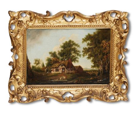 CIRCLE OF WILLIAM TOMKINS (BRITISH 1730-1792)COTTAGE IN A LANDSCAPE; LAKELAND LANDSCAPEOil on canvas, a pairEach 21.5 x 33cm 