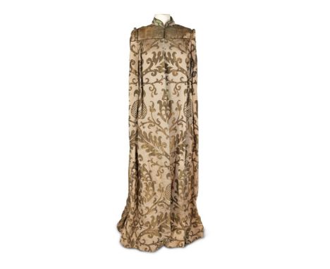 DAME EDITH INTERESTA CELADON GREEN SILK AND GILT METAL BROCADE FULL LENGTH EVENING CAPEFIRST HALF 20TH CENTURY Custom made wi