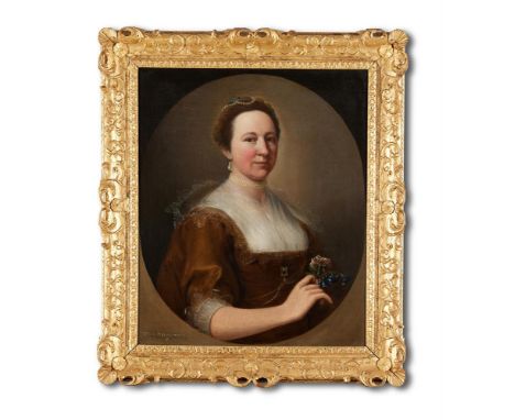CIRCLE OF THOMAS HUDSON (BRITISH 1701-1779)PORTRAIT OF MARY BARNARDISTON (1709-1788) HOLDING A SPRAY OF FLOWERSOil on canvas,