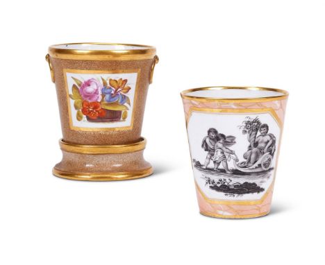 A WORCESTER (BARR) SALMON-PINK AND GILT MARBLED GROUND TAPERED CYLINDRICAL BEAKERCIRCA 1800Painted en grisaille with putti in
