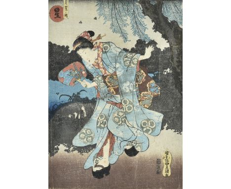 Utagawa Kunisada Japanese (1786-1865) wood block print, of Geisha in kimono with fan, signed to bottom right, Utagawa Kunisad