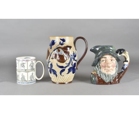 A Doulton Lambeth stoneware jug by Frank Butler, decorated with floral motifs in tube lining and applied beading, incised mar