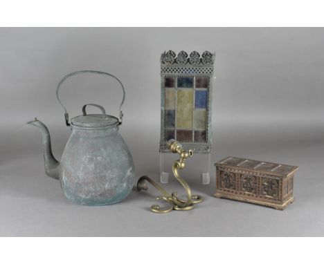 An early 20th Century Continental hall lantern, of rectangular form, with four panels of lead lined stained glass of various 