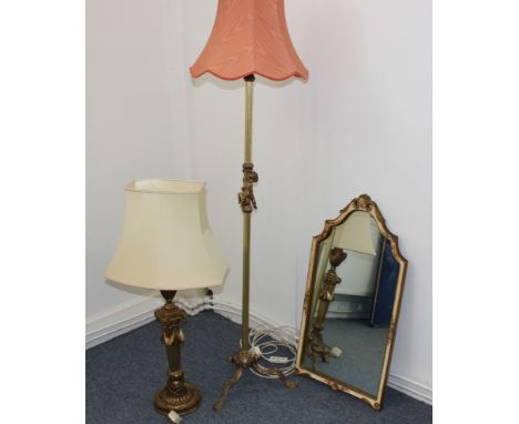 Brass Standard Lamp Table Lamp and Console Mirror, A brass standard lamp mounted with a cherub and shade together with a neo 