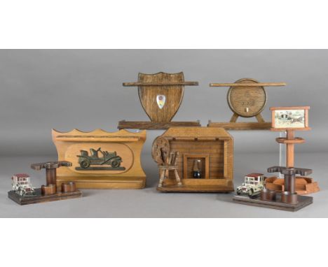 A quantity of novelty pipe stands, including five bar gates, half examples, a settle, three mounted with cars etc (parcel) 