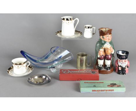 A Middle Eastern tray, in copper together with a set of dominoes, cribbage board and draughts, Victorian teaset and various o