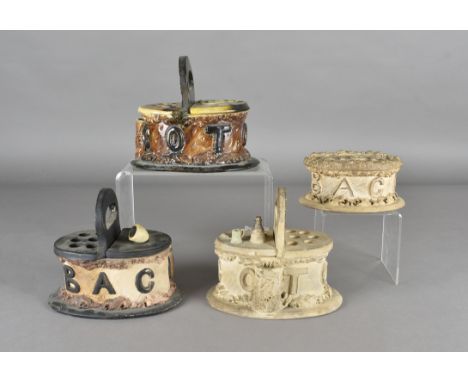 Three tobacco jars modelled as tree stumps, all marked 'Tobacco' with handles and six pipe smoking stands, assorted glazes, t
