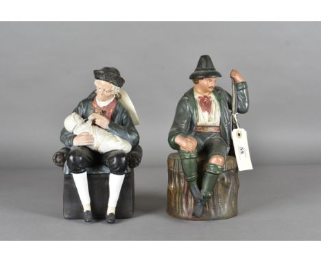 Two 19th Century Bernard Bloch tobacco jars, one modelled in the form of a seated huntsman on a tree trunk with a gun in his 