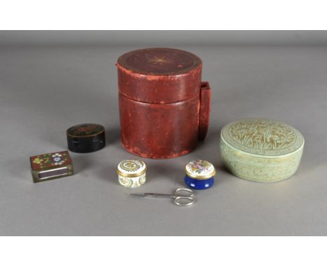 A 20th Century leather string box, together with a papier-mâche Indian box, with inscription to base 'Made By Suffering Moses