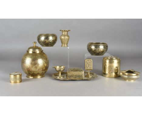A collection of 20th Century Middle-Eastern and Indian brass items,  including a pair of brass bowls with incised and enamel 