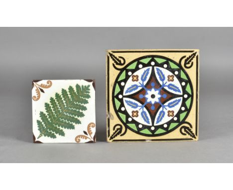 A W Godwin Lugwardine terracotta gothic decorated tile, in green, white, blue and brown, marked to underside 15 cm square tog