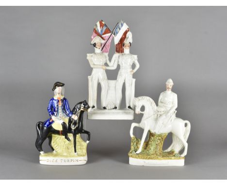 A group of three Staffordshire flatbacks,  including a model of Napoleon III and Prince Albert beneath a pair of crossed flag