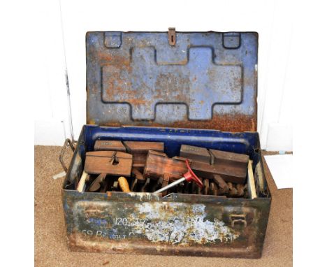 A large quantity of tools, including a set of wooden moulding planes, floor clamps, Stanley rule and lever, plough planes and