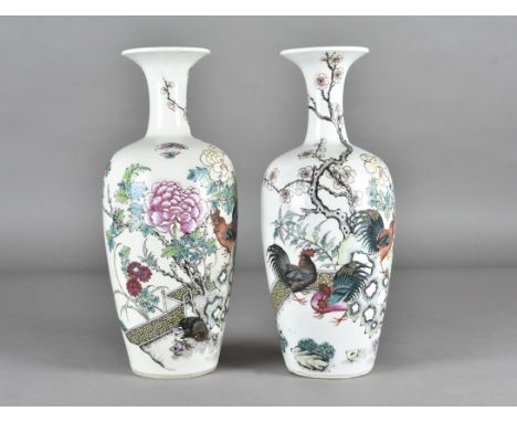 A pair of early 19th Century Chinese porcelain enamel decorated vases of ovoid form with flared lips,  depicting cockerels, p