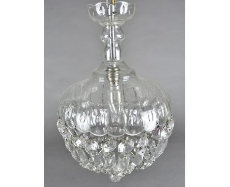 A pair of glass chandeliers, of domed form with basket prism drop, approx. 46 cm One string missing from the example with rec