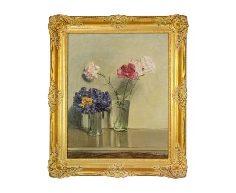 Ruth HOLLINGSWORTH (1880-1945) Two Floral Arrangements In Glass Vases Oil on board, signed, 54cm x 44cm, 65cm x 56.5cm framed