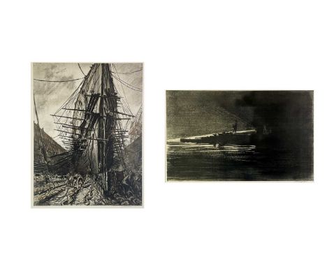 David Muirhead BONE (1876-1953) Two signed lithographs 'HMS Lion in Dock', Lithograph, Signed in pencil lower right, 58cm x 4