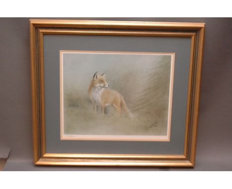 R Fletcher signed print, fox.  29 cm x 37 cm, framed, mounted. 