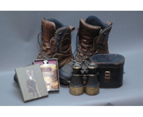 Pair of Harkila Gortex boots (9), Ted Baker 6oz hip flask and pair of vintage binoculars with case. 