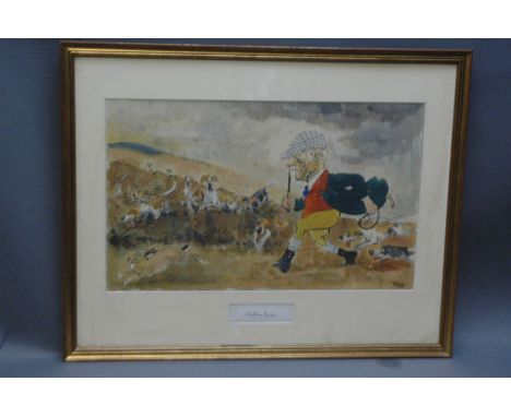 John William Wilkinson (Wilk 1906-1994), watercolour cartoon, Anthony Barker running with hounds and hare, signed and dated 1