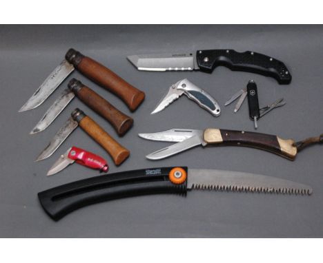 9 pocket knives and saws, to include Wilkinson Sword, Opinel, etc.  