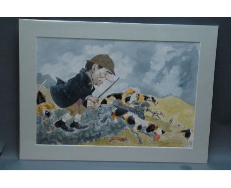 Attributed to John William Wilkinson (Wilk 1906-1994), watercolour cartoon, gentleman jumping wall with hounds and terriers. 