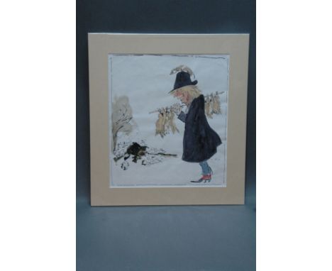 Attributed to John William Wilkinson (Wilk 1906-1994), watercolour cartoon, lady with ferret and rabbits.  34 cm x 29 cm, mou