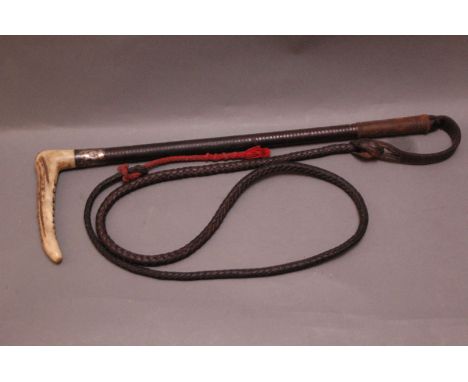 Swaine & Adeney riding whip with stag antler handle with inset Swaine & Adeney London button, silver collar, makers mark ESA 