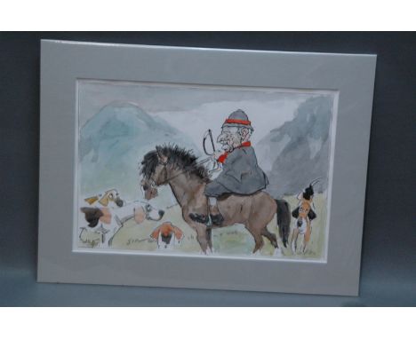 John William Wilkinson (Wilk 1906-1994), watercolour cartoon, man on horseback with hounds, signed and dated '93.  24 cm x 36