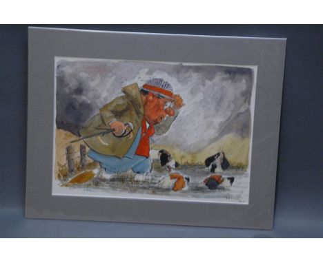 John William Wilkinson (Wilk 1906-1994), watercolour cartoon, George Graham in bog with hounds and fox, signed and dated 1983