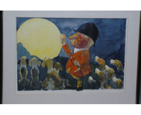 John William Wilkinson (Wilk 1906-1994), watercolour cartoon, Joe Weir and The Ullswater Foxhounds howling at the moon, signe